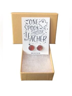 Sterling Silver Sparkly Orange Teacher Glitter Stud Round Earrings 10mm